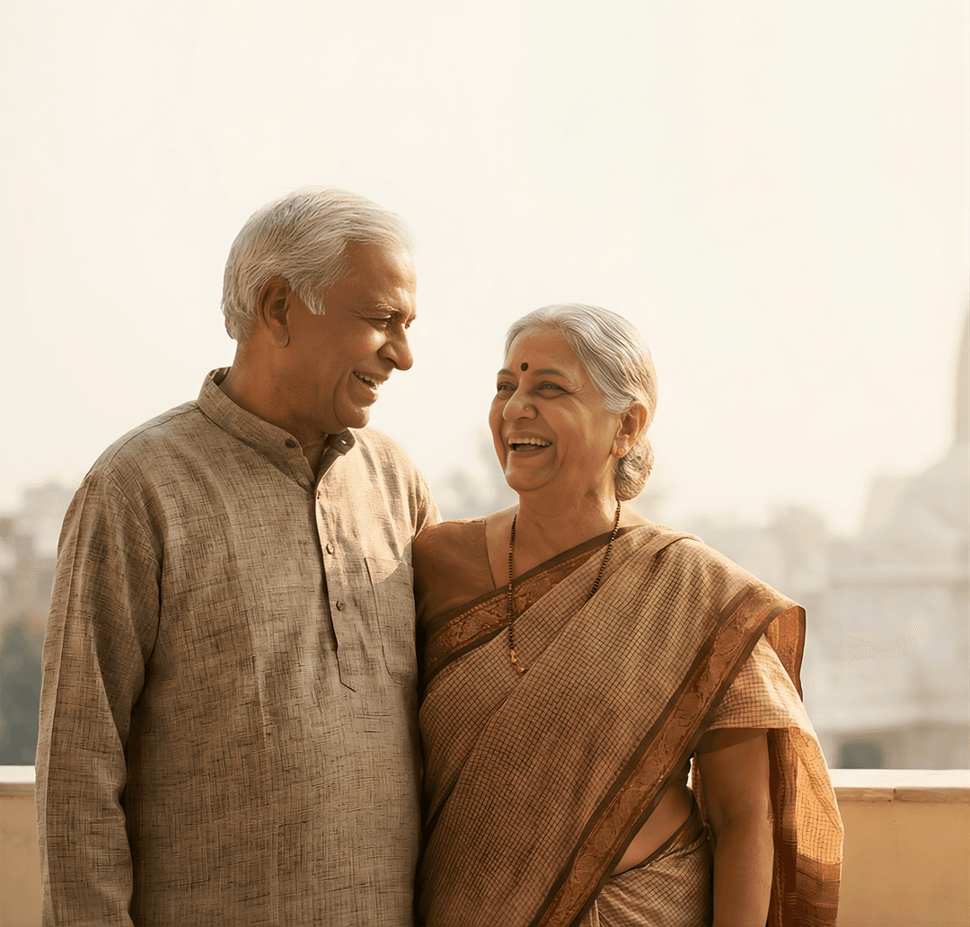 Happy elderly couple cared for by Roots & Care